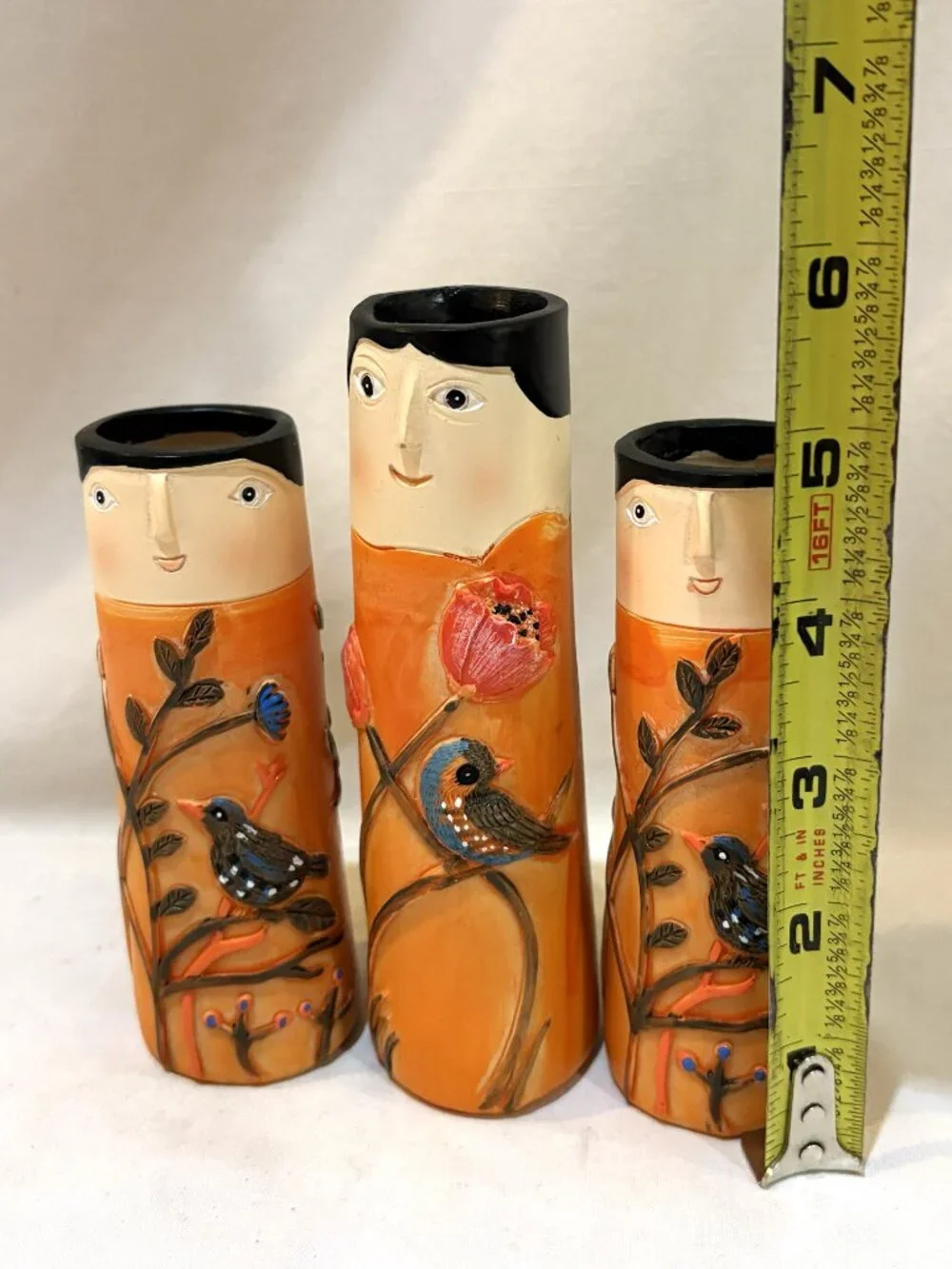 Set of 3 Spring Family Orange Bud Vases Resin Flowers & Birds Boho Style